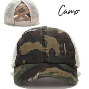 Criss Cross Distressed Trucker Hat - Camo